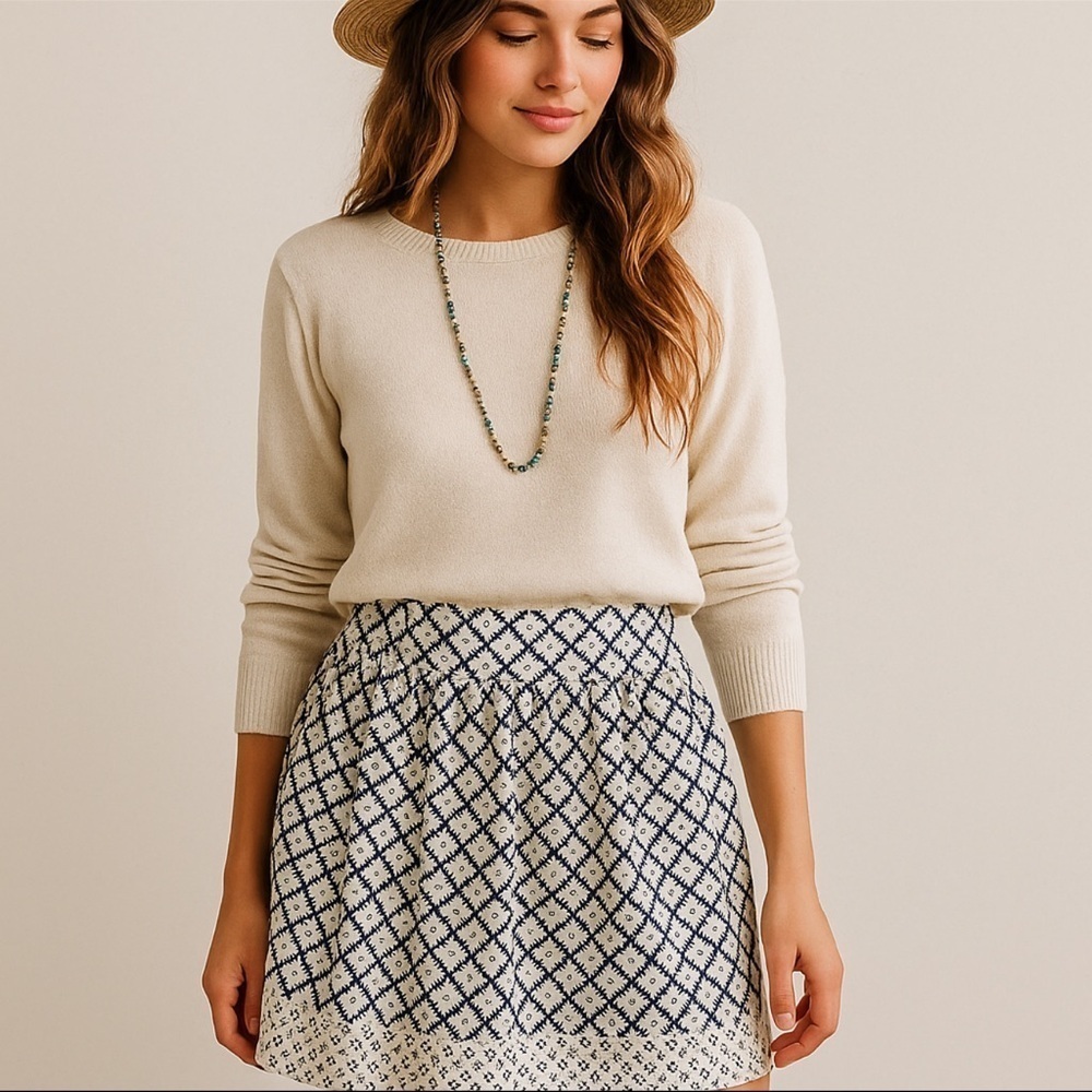 LOFT Navy & White Geometric Stamped Print Pocket Mini Linen Blend A-line Skirt